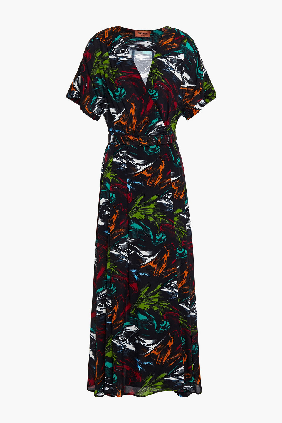 Missoni Woman Belted Pleated Printed Crepe Maxi Dress Black Size 42