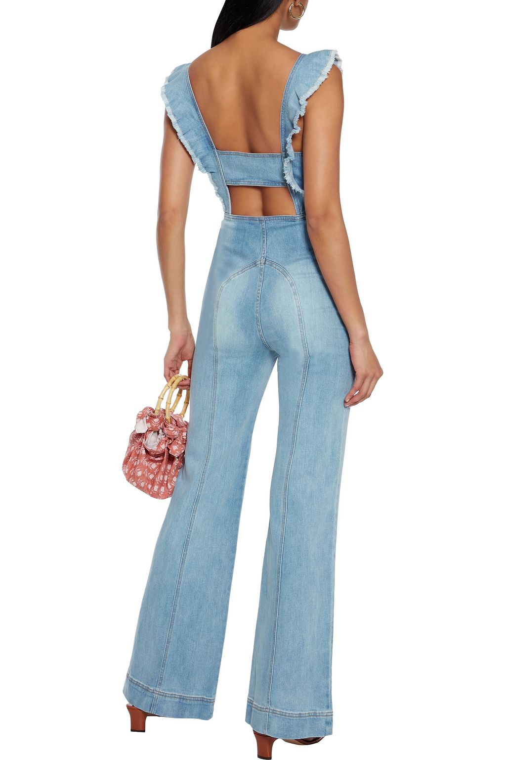 ALICE + OLIVIA flared openback ruffled denim jumpsuit THE