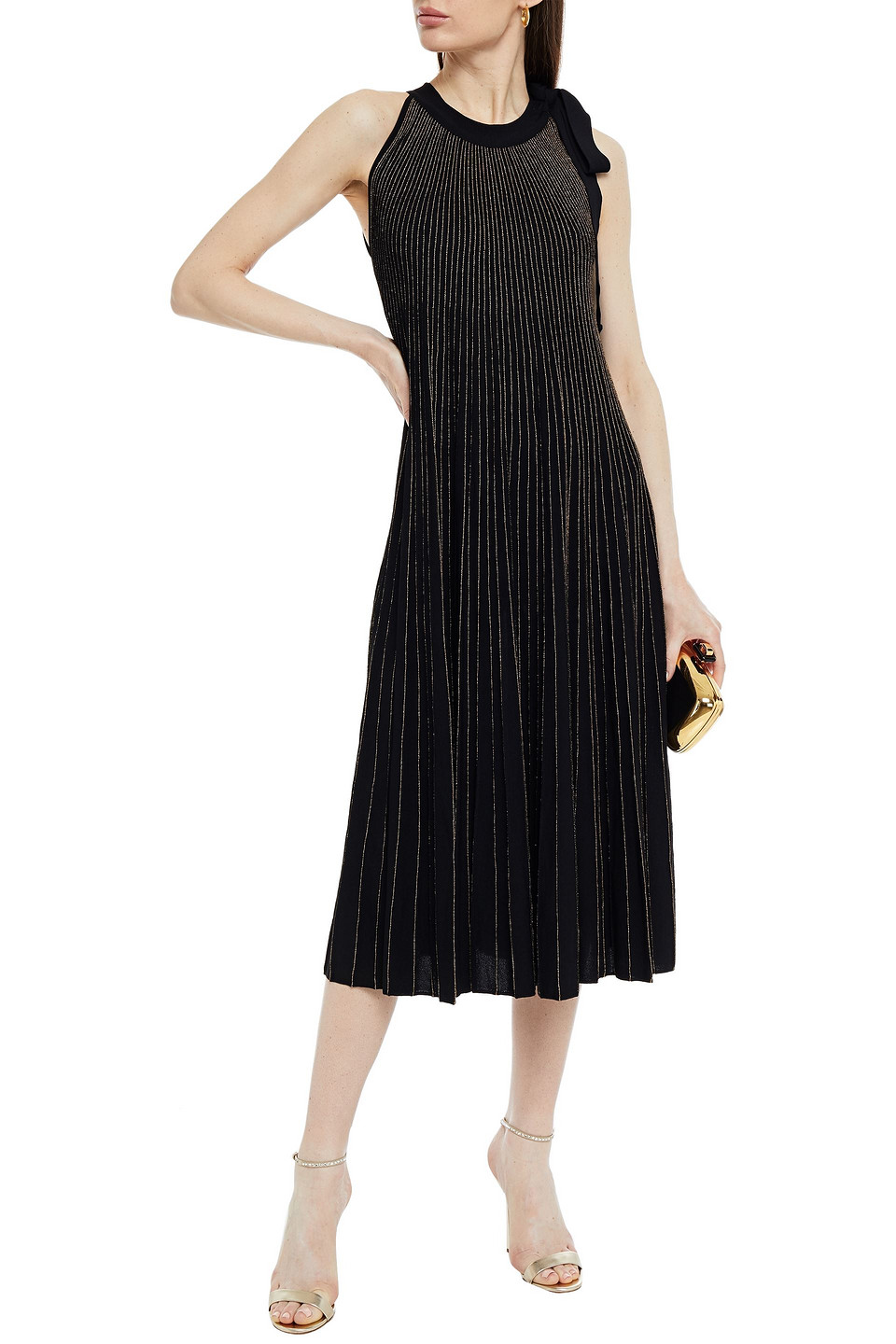 Click to view more detailed imagery on our partner's website Elie Saab Bow-detailed Pleated Metallic Ribbed-knit Midi Dress In Black