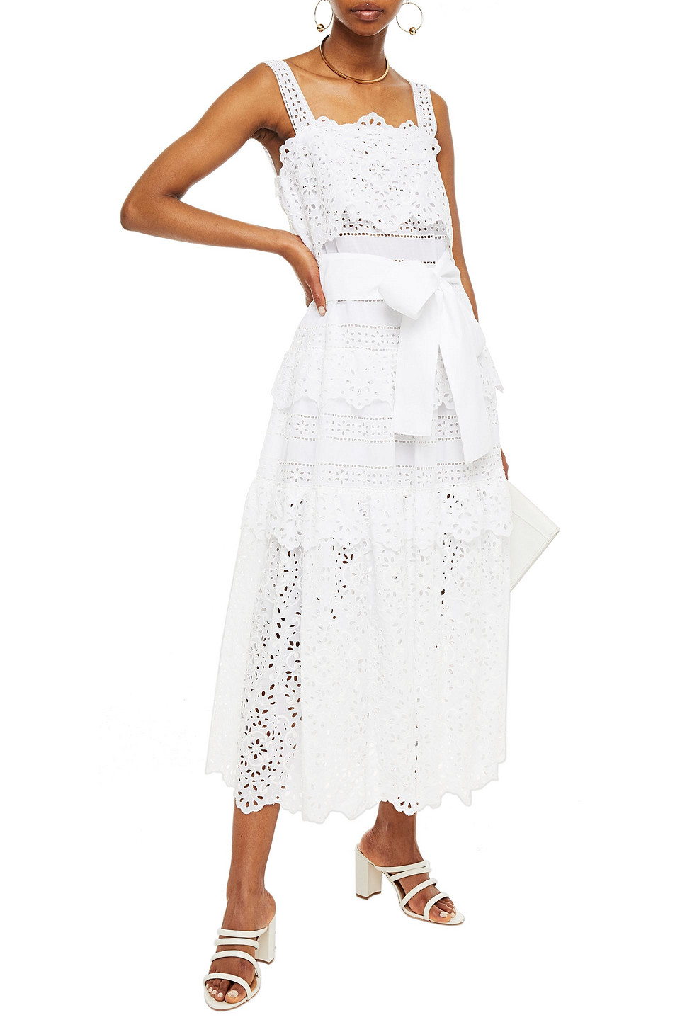 Shop Elie Saab Tiered Bow-detailed Broderie Anglaise Cotton-blend Midi Dress In White