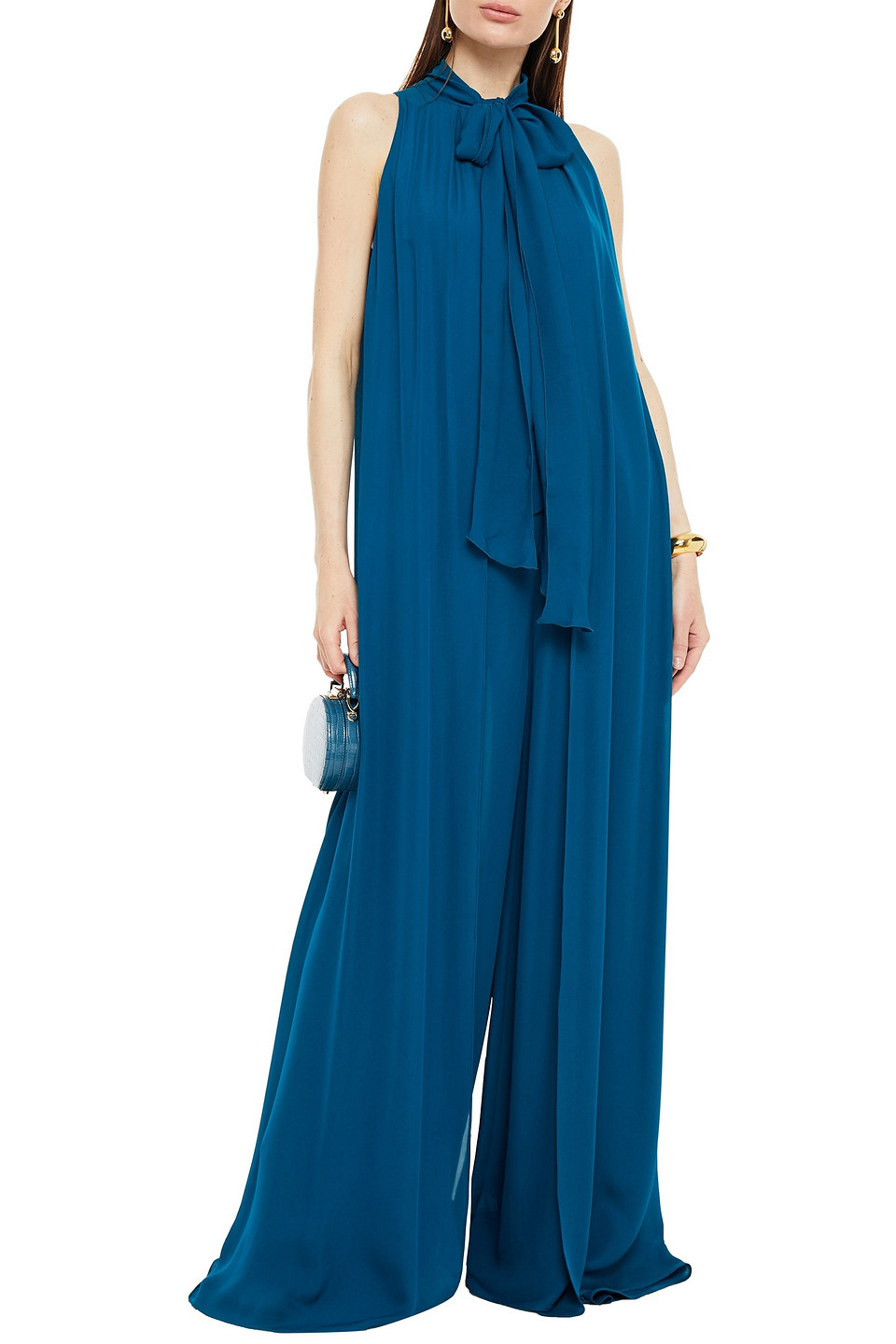 Elie Saab Pussy-bow Silk-chiffon Wide-leg Jumpsuit In Petrol