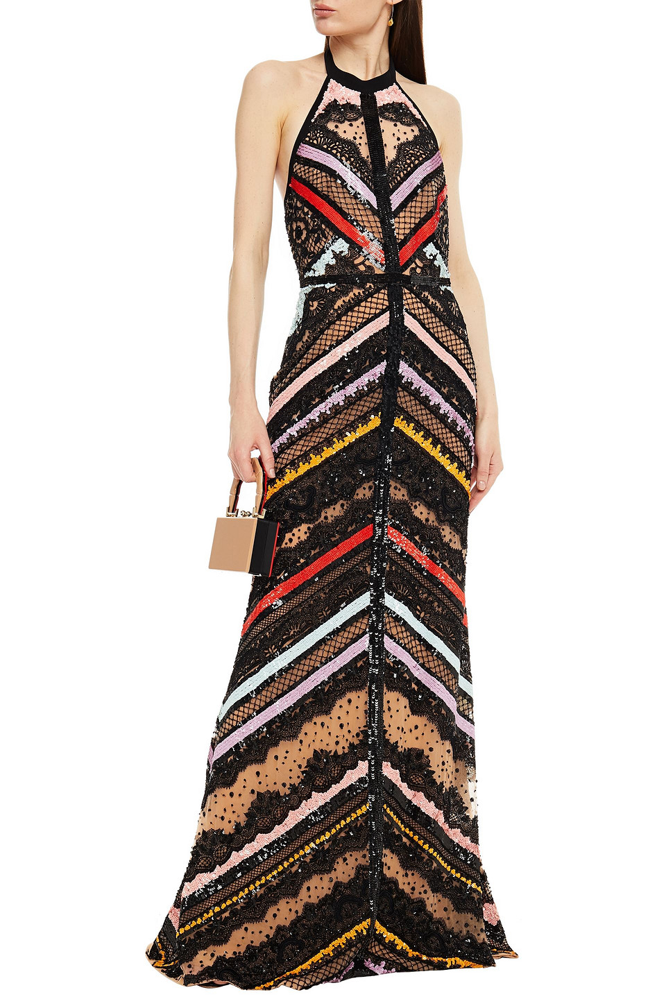 Click to view more detailed imagery on our partner's website Elie Saab Embellished Silk-tulle Halterneck Gown In Black