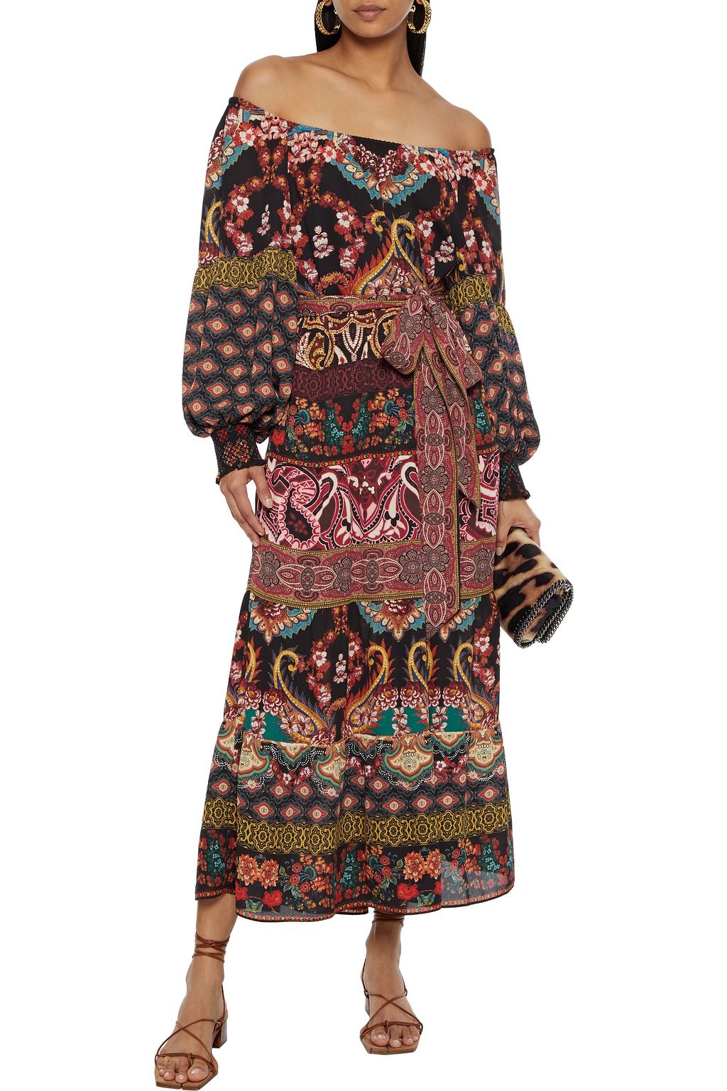 ALICE + OLIVIA Clementina off-the-shoulder printed crepe de chine midi dress