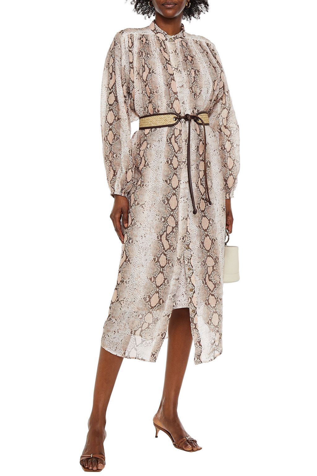 ZIMMERMANN Belted snake-print ramie-gauze midi dress
