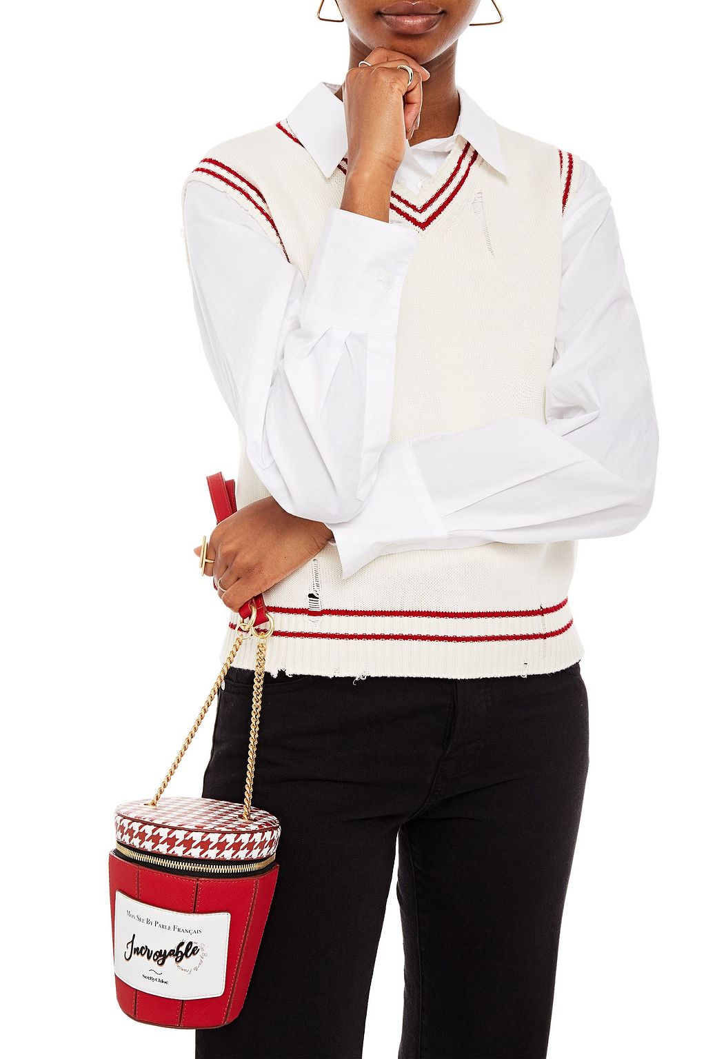 SEE BY CHLOÉ Pot de Confiture appliquéd houndstooth faux leather bucket bag
