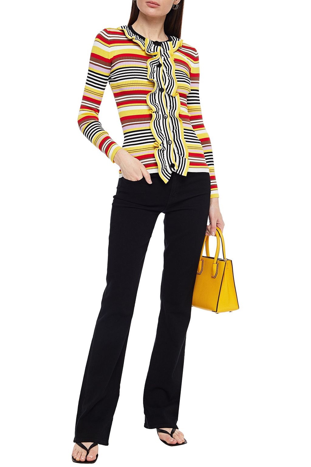MSGM Ruffled striped intarsia-knit cardigan