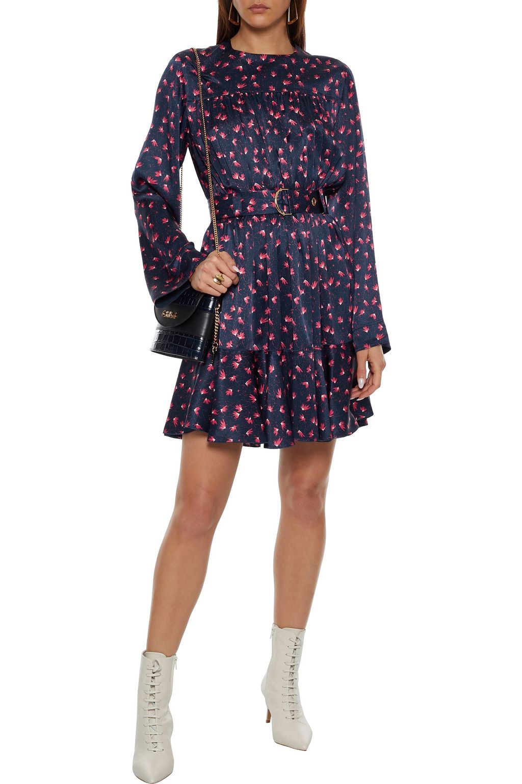 CHLOÉ Belted gathered printed silk-satin mini dress