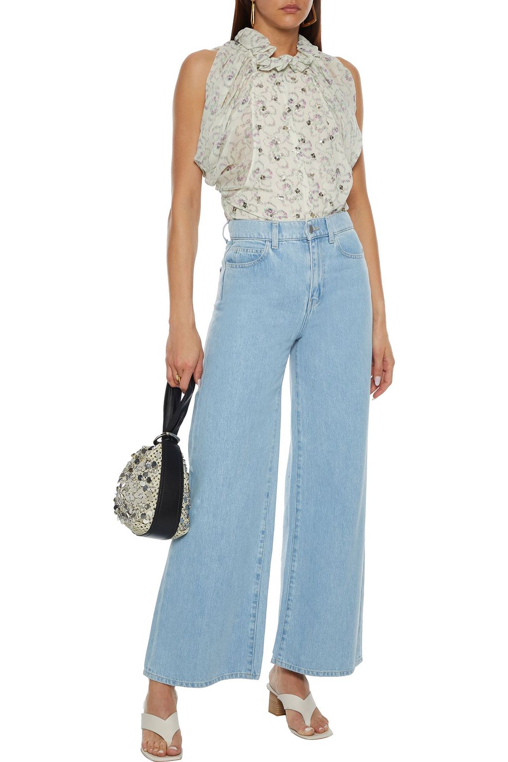 CHLOÉ Tie-neck embellished printed silk-georgette top
