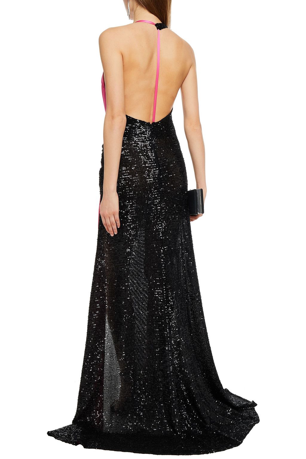 REDEMPTION Wrap-effect paneled sequined mesh and silk-satin gown