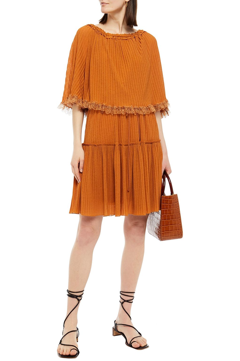 SEE BY CHLOÉ Lace-trimmed tiered ribbed-knit dress