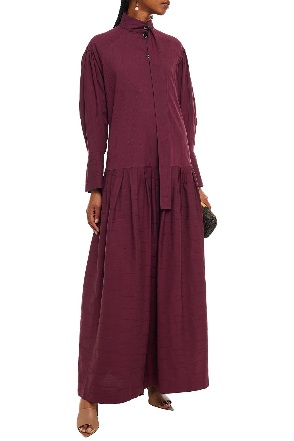 PALMER//HARDING Tie-neck pleated stretch-cotton jacquard maxi dress