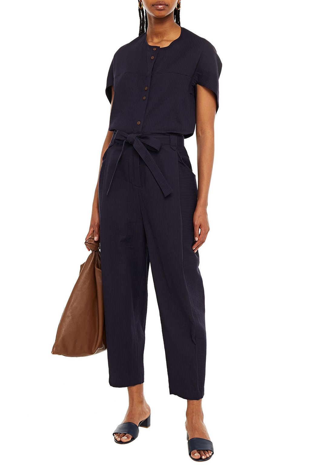PALMER//HARDING Cropped pleated cotton-blend jacquard jumpsuit