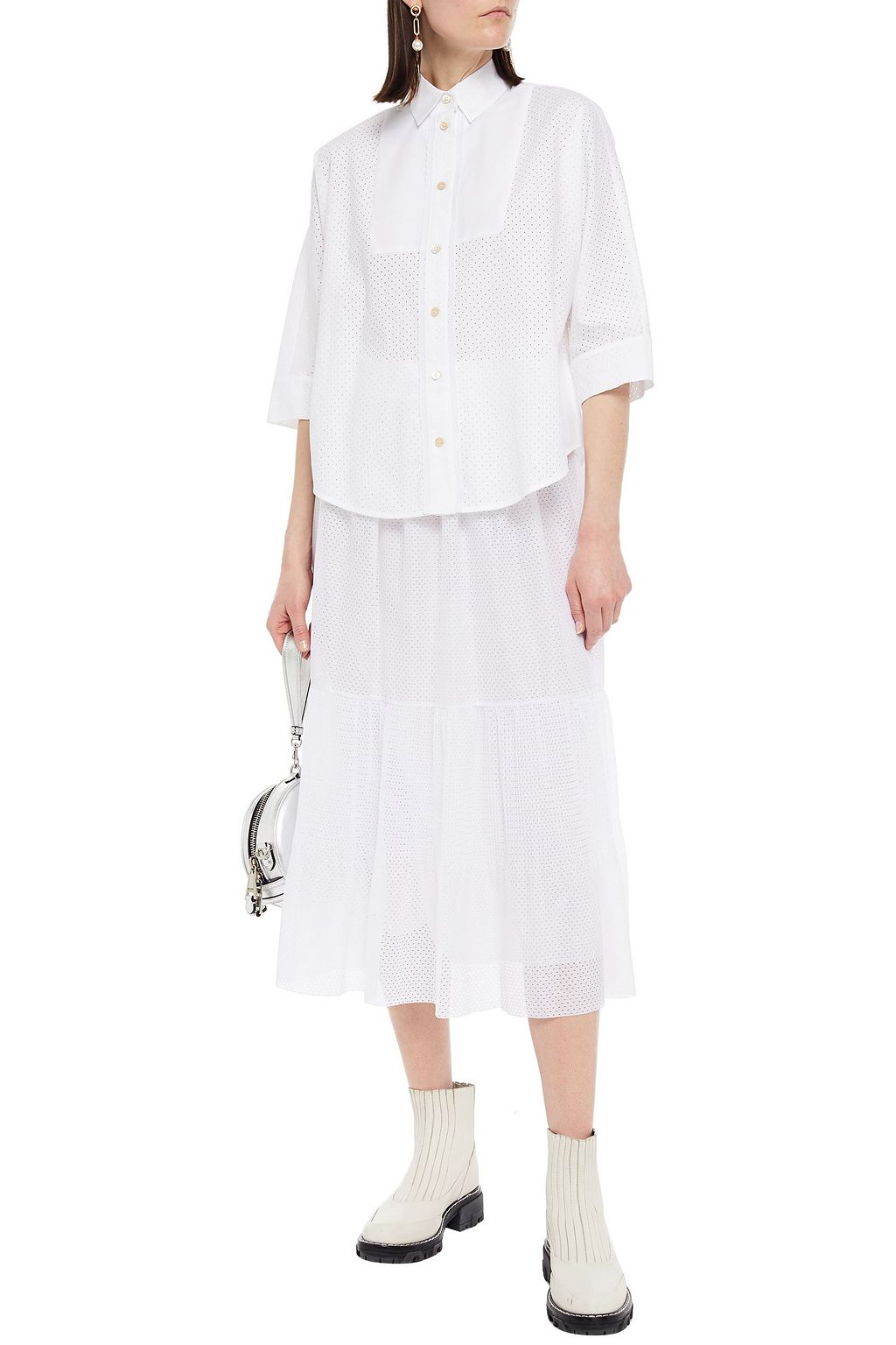 REDVALENTINO Piqué-paneled perforated cotton-poplin shirt