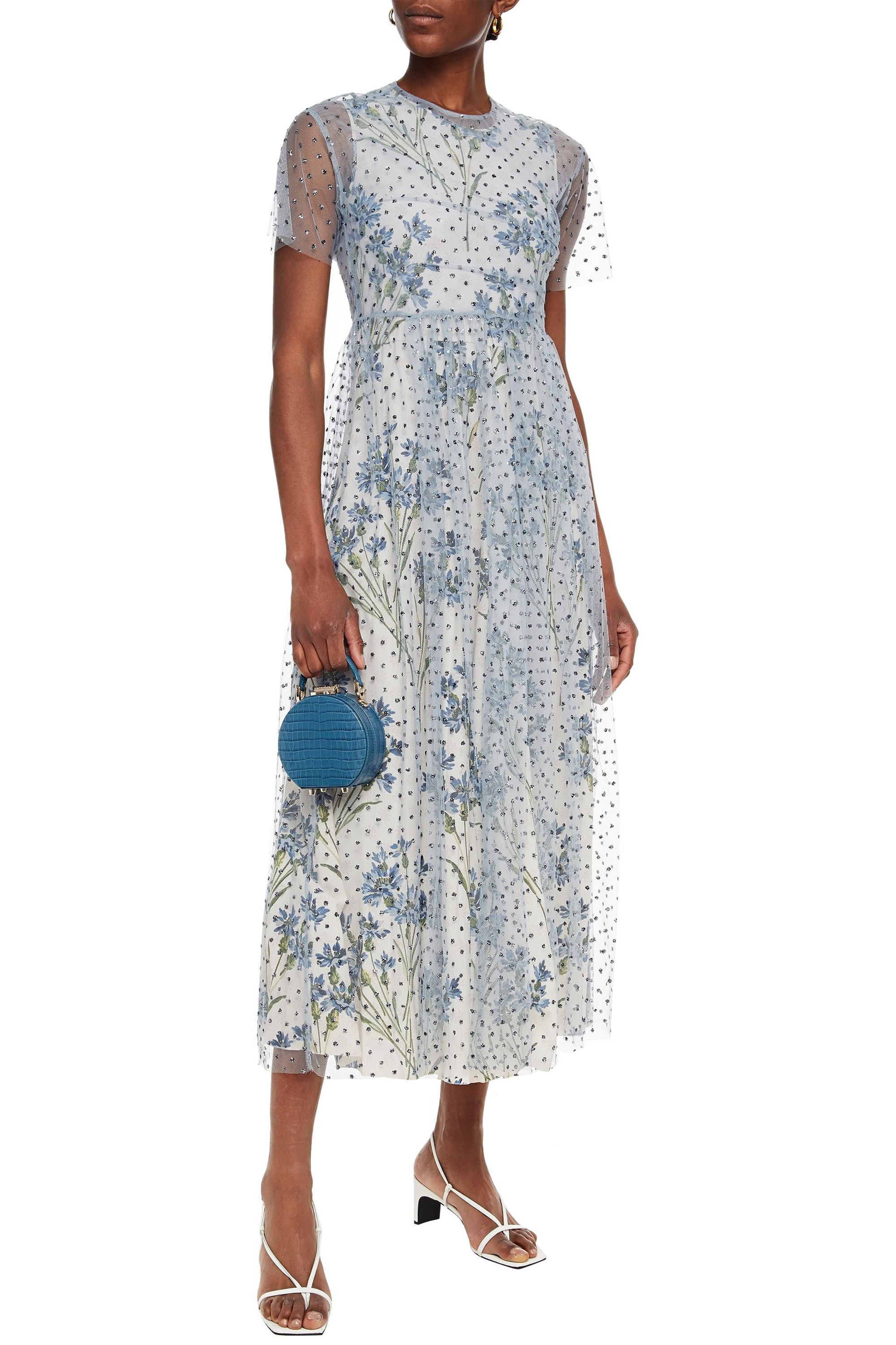 REDValentino Layered glittered tulle and floral-print crepe midi dress