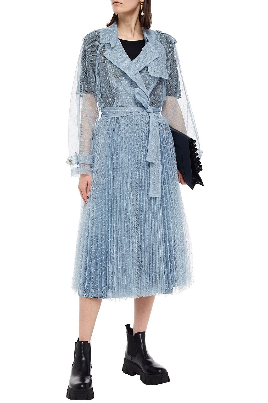 REDVALENTINO Belted pleated point d'esprit trench coat