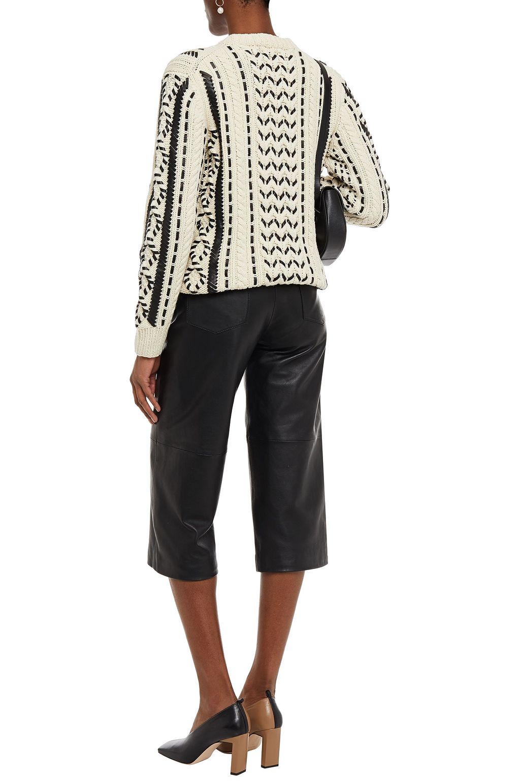 MICHAEL KORS COLLECTION Whipstitched leather-trimmed cable-knit cashmere sweater