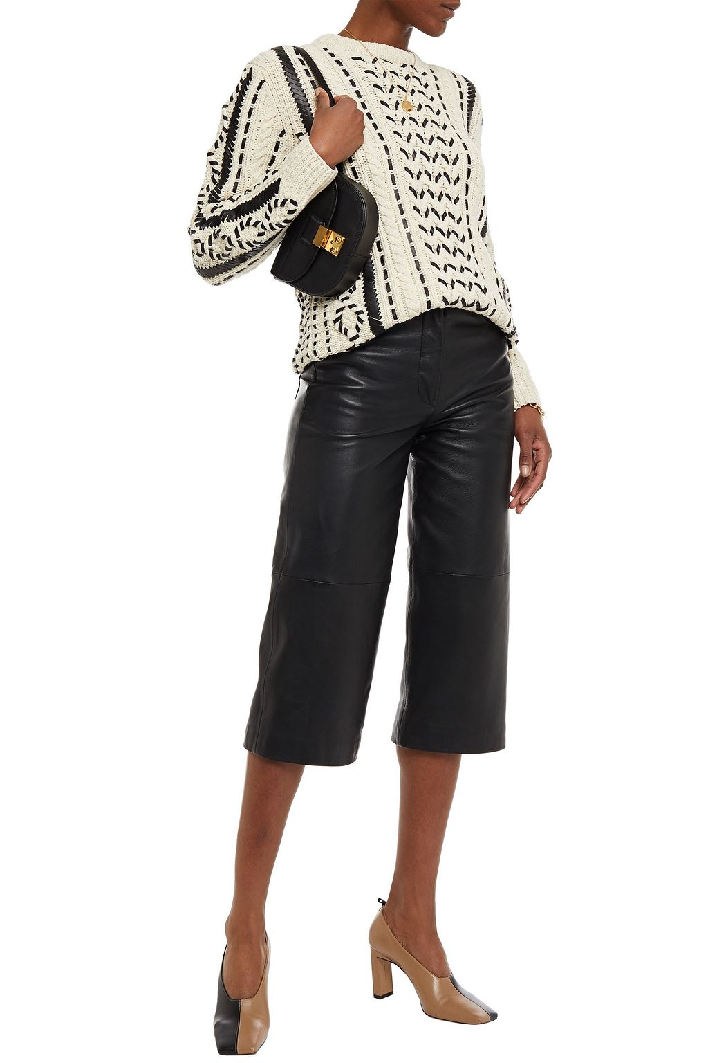 MICHAEL KORS COLLECTION Whipstitched leather-trimmed cable-knit cashmere sweater