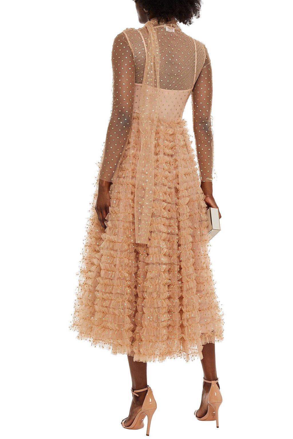 REDVALENTINO Tie-neck ruffled glittered tulle midi dress