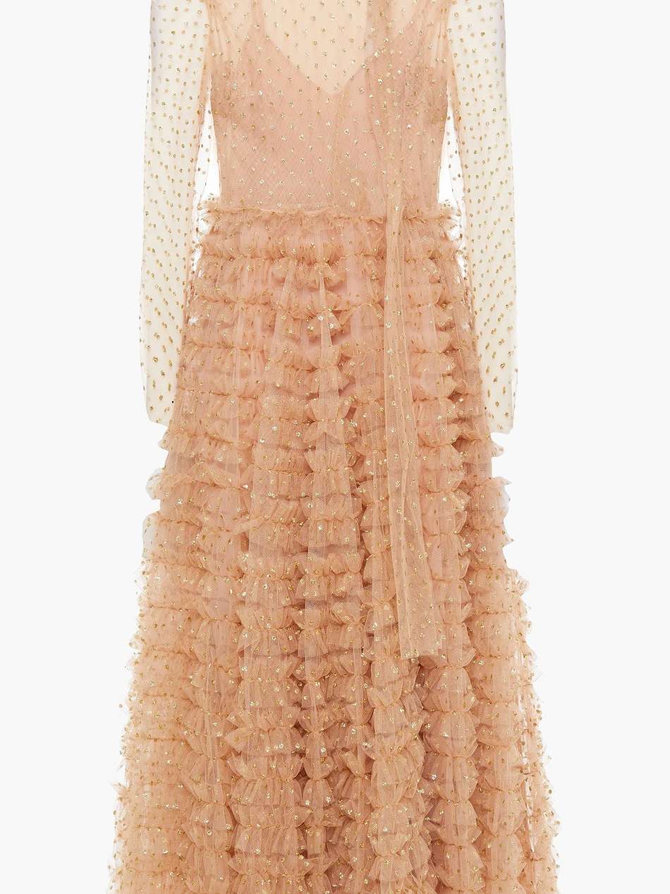 tie-neck ruffled glittered tulle midi dress