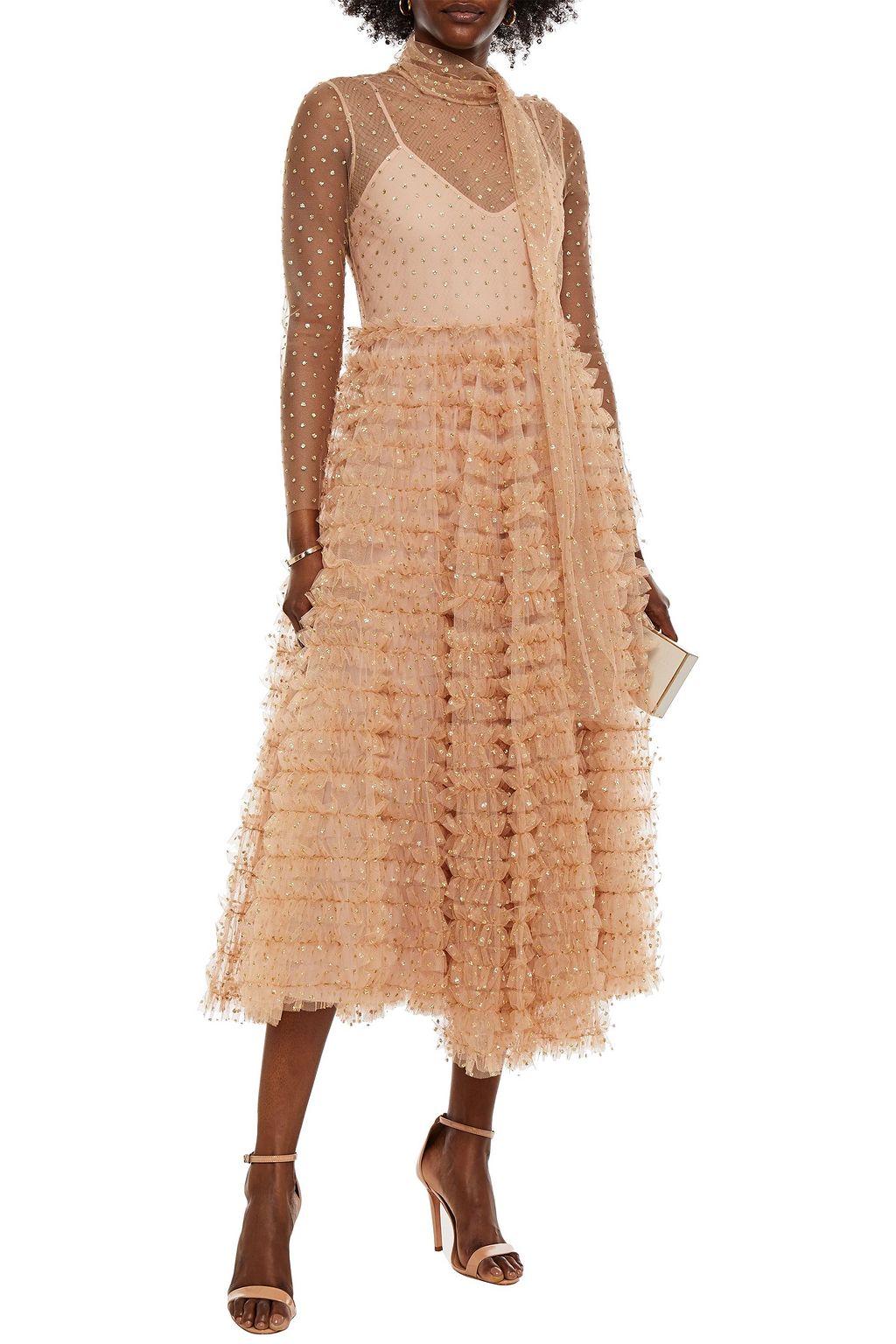 REDVALENTINO Tie-neck ruffled glittered tulle midi dress