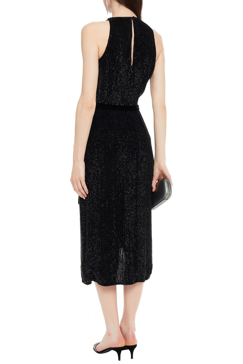 RETROFÊTE Velvet-trimmed sequined chiffon midi dress
