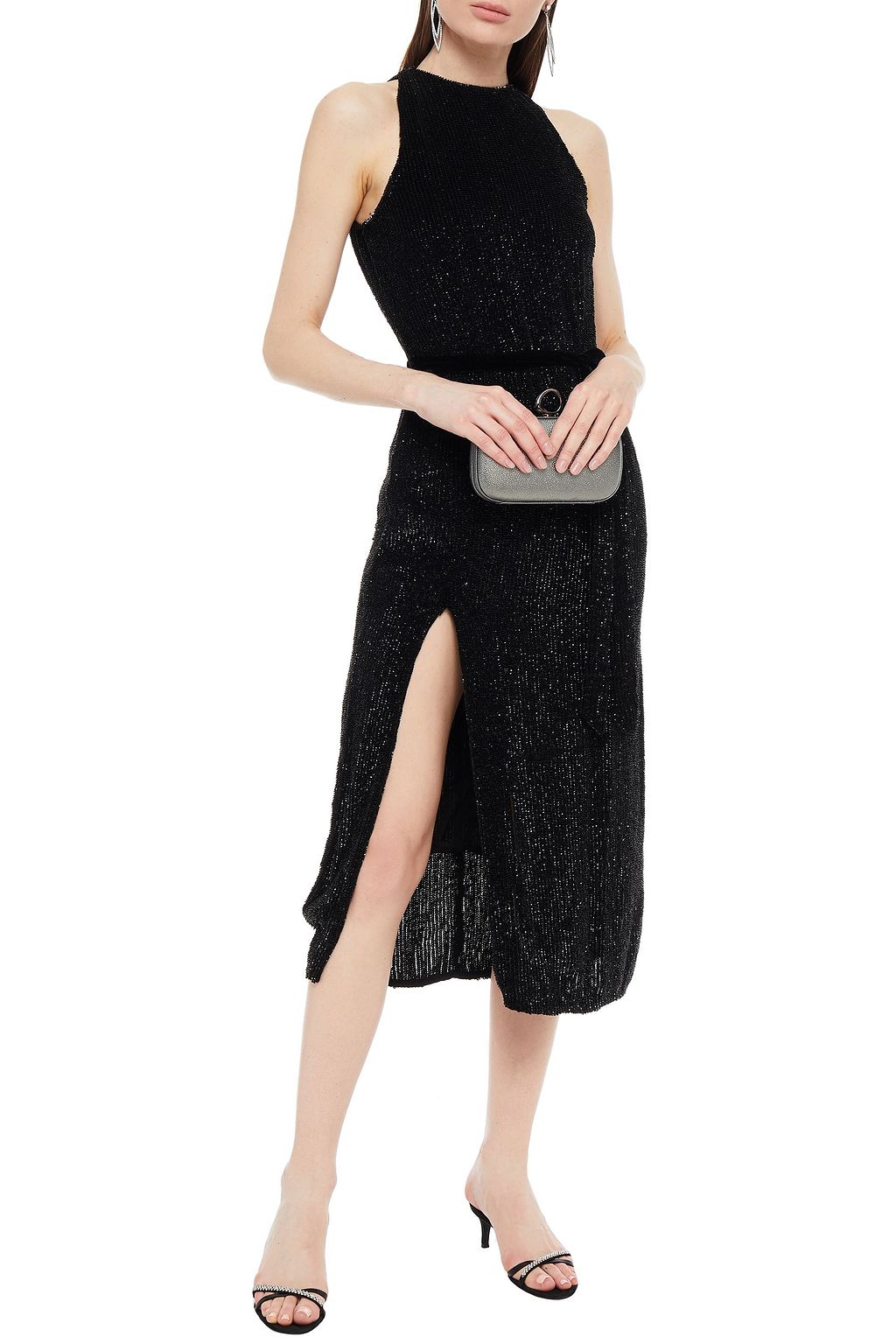 RETROFÊTE Velvet-trimmed sequined chiffon midi dress