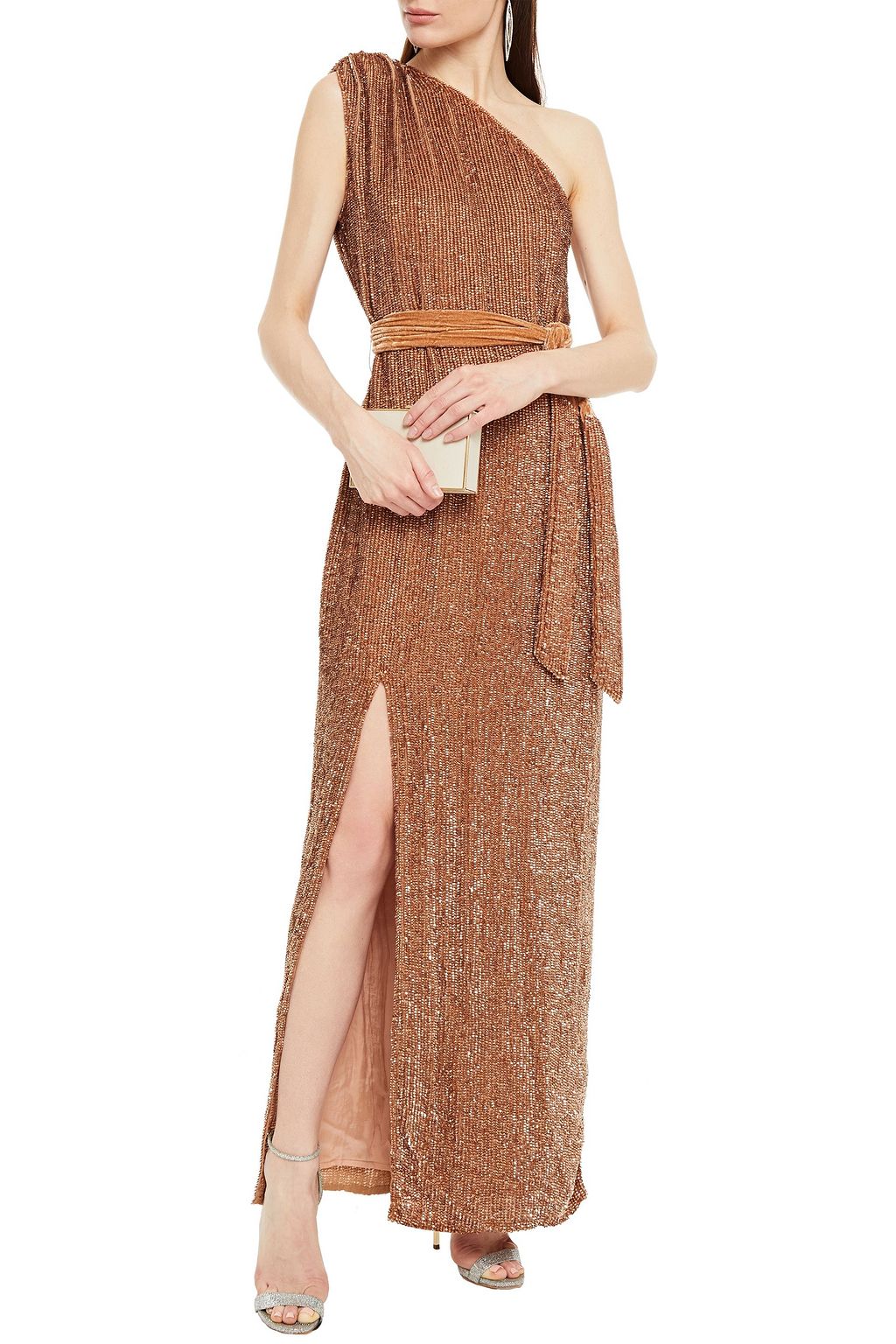 RETROFÊTE Vivien one-shoulder sequined chiffon maxi dress