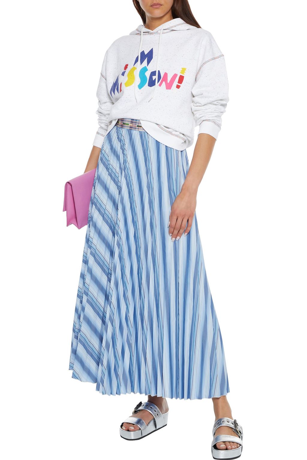 M MISSONI Embroidered pleated striped cotton-blend poplin maxi skirt