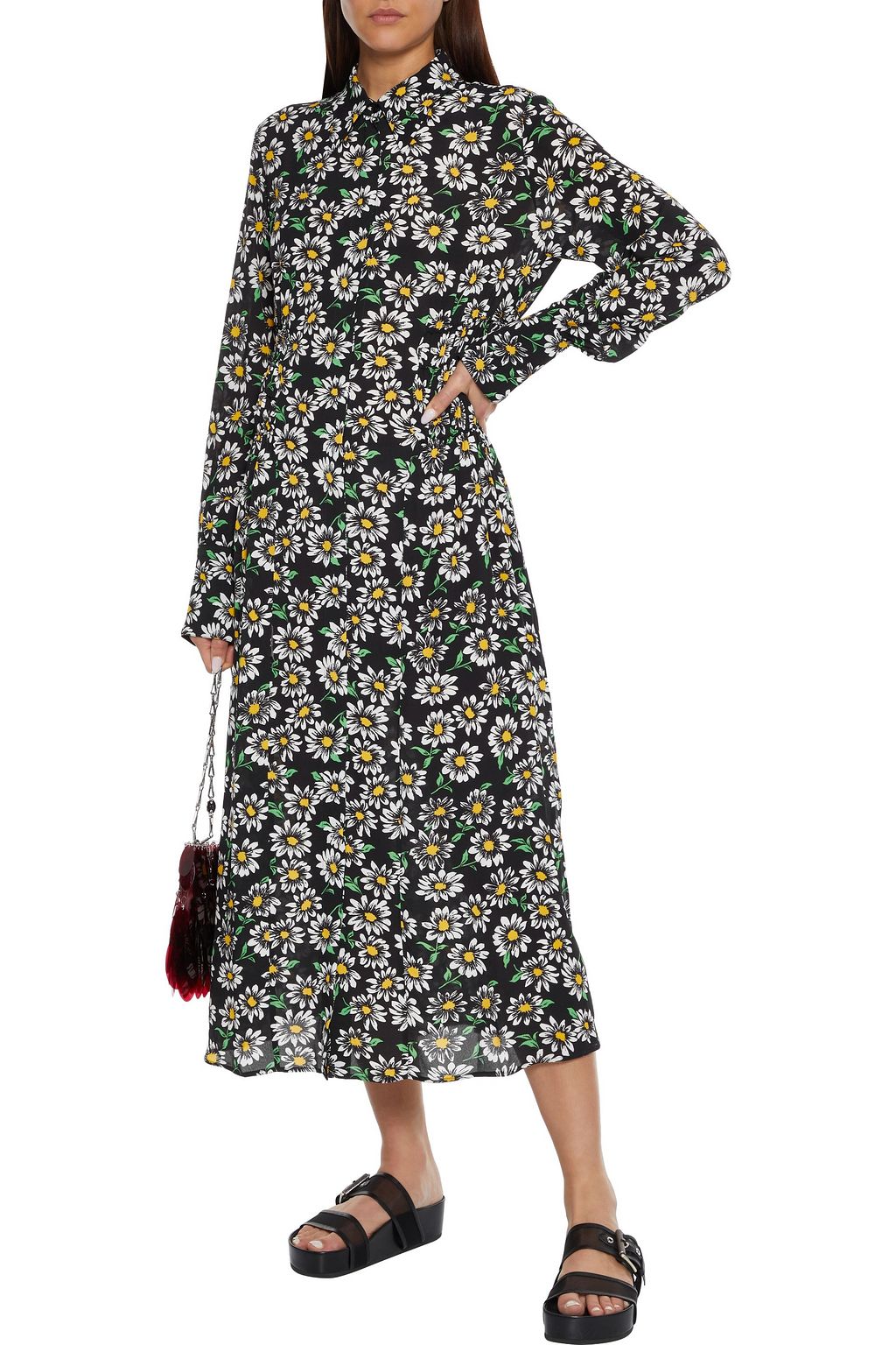 M MISSONI Shirred floral-print crepe de chine midi shirt dress