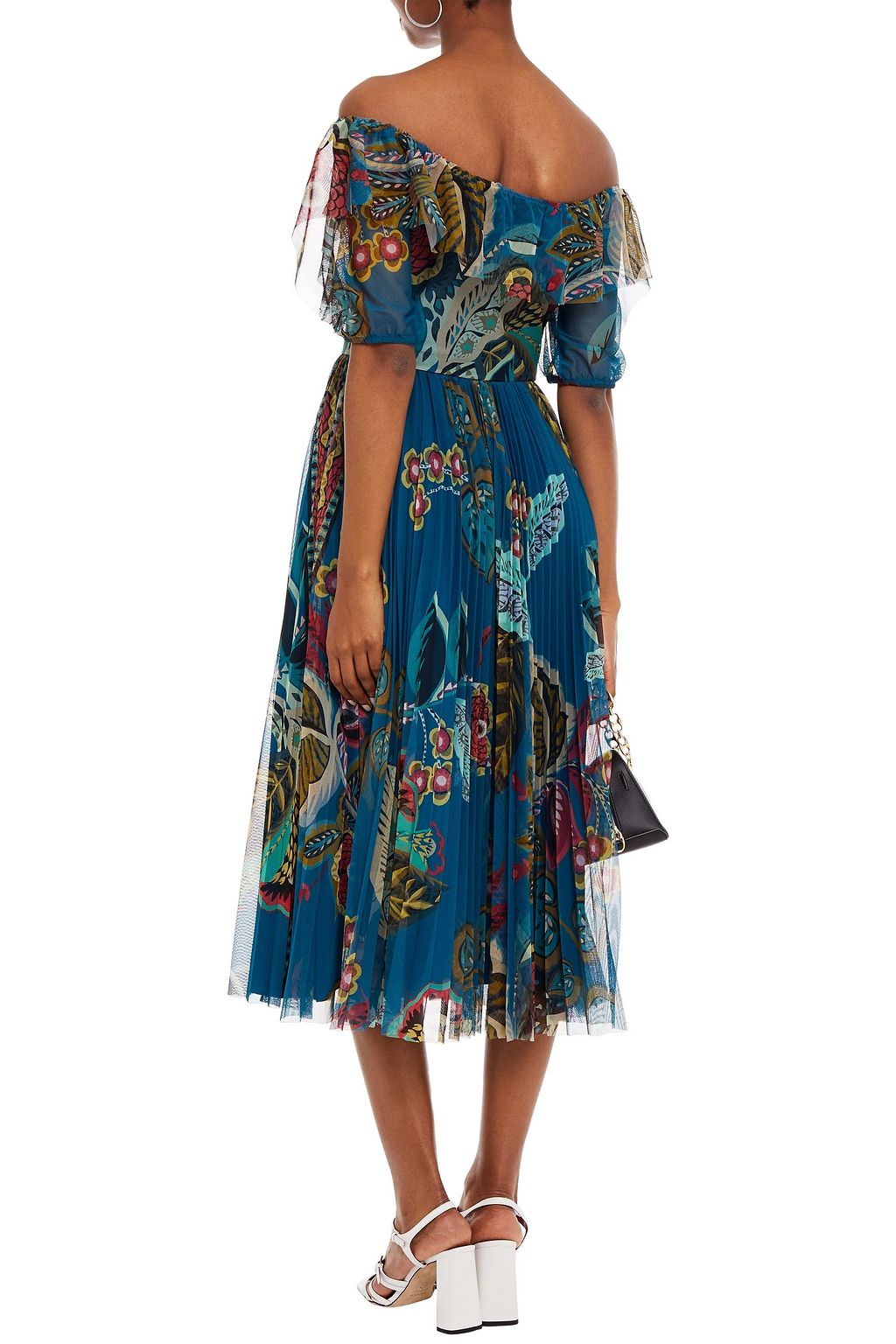 REDVALENTINO Off-the-shoulder pleated printed tulle midi dress
