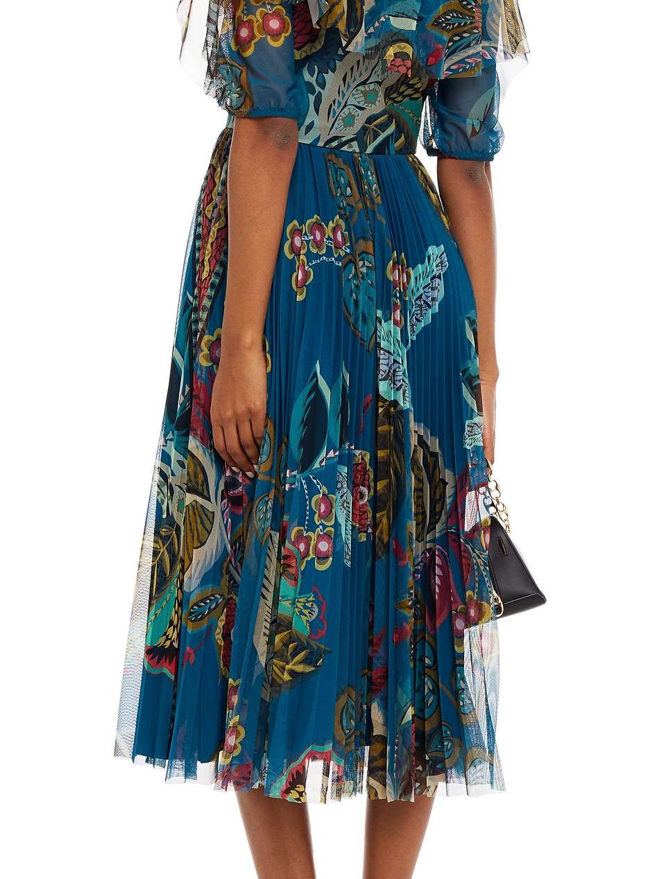 off-the-shoulder pleated printed tulle midi dress