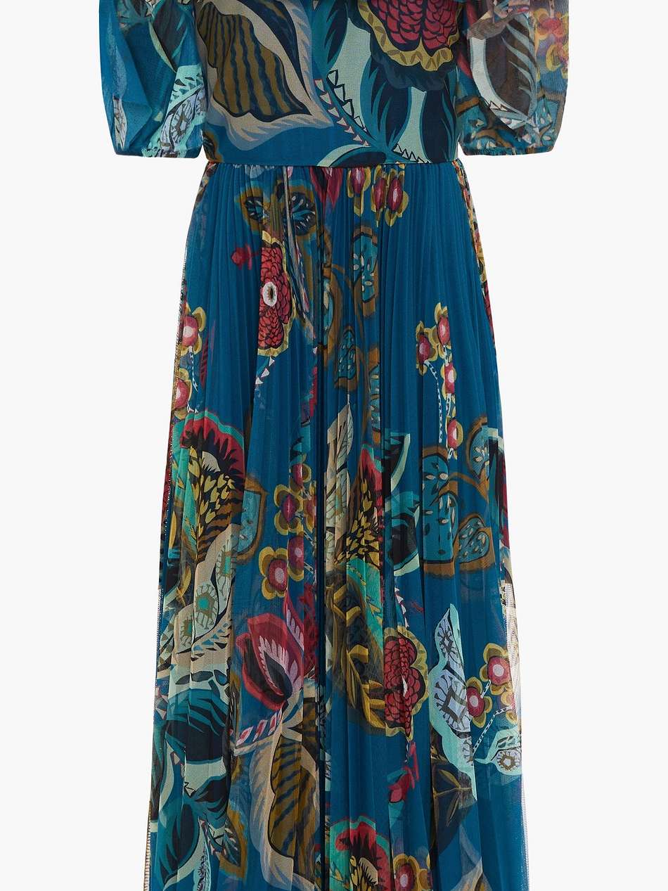 off-the-shoulder pleated printed tulle midi dress
