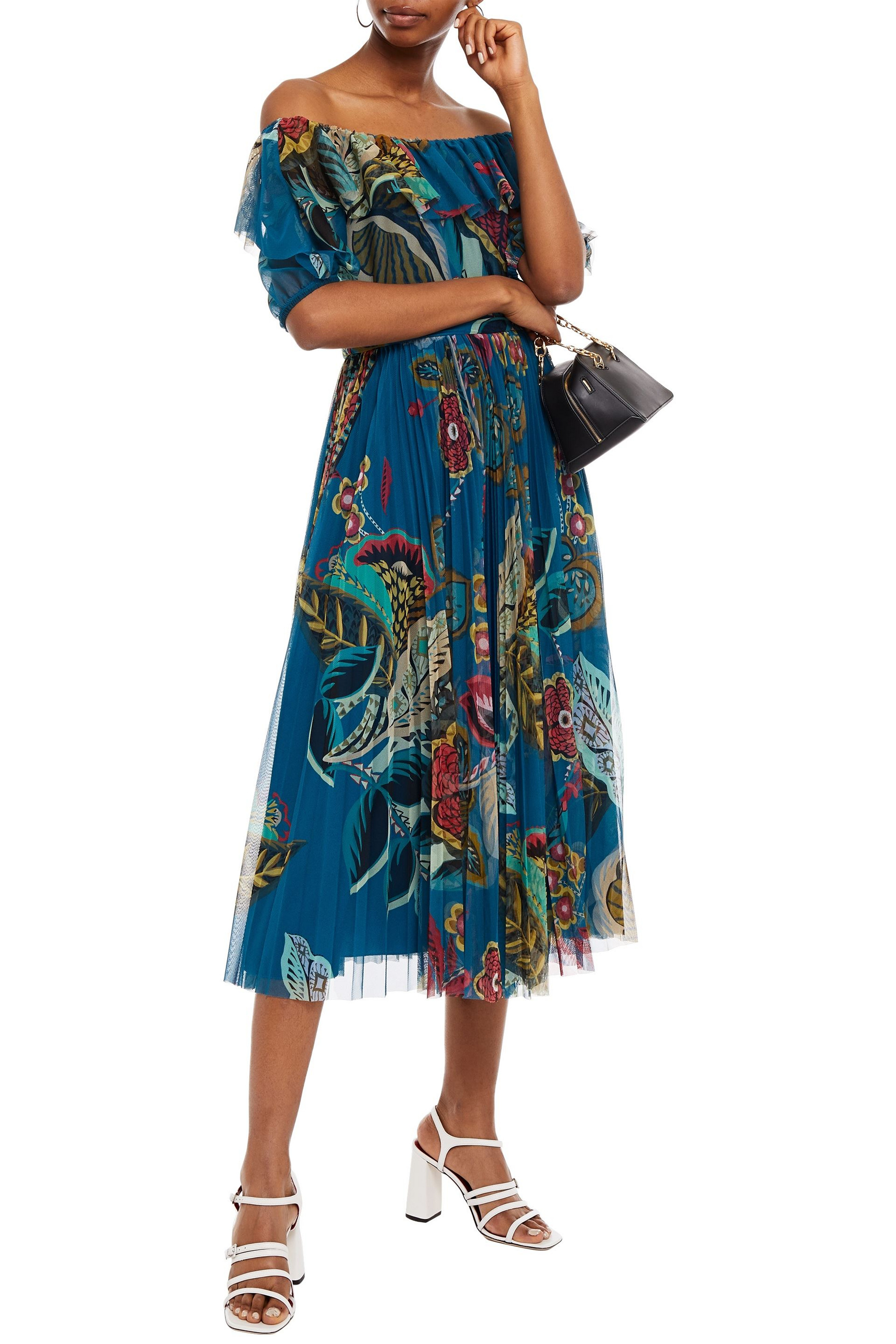 REDValentino Off-the-shoulder pleated printed tulle midi dress