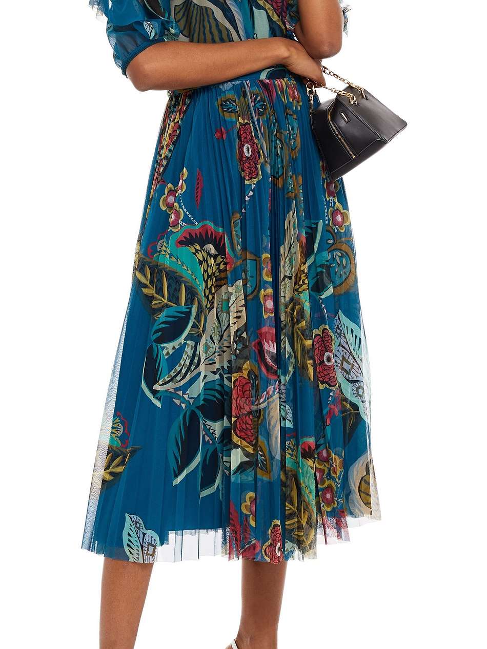 off-the-shoulder pleated printed tulle midi dress