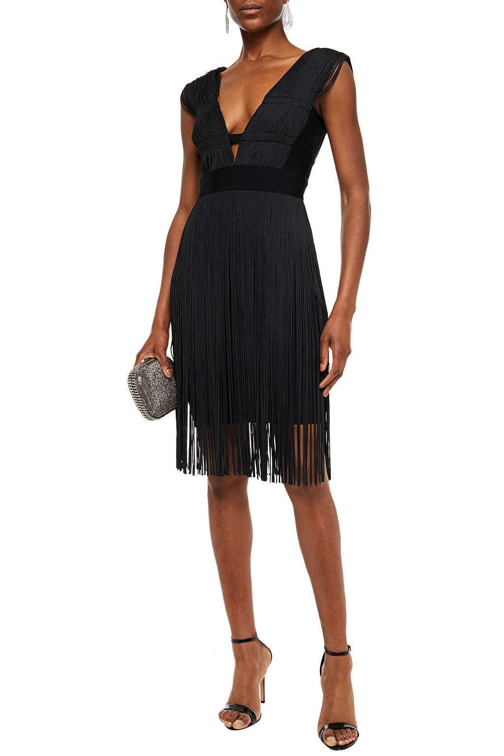 HERVÉ LÉGER Cutout fringed bandage mini dress