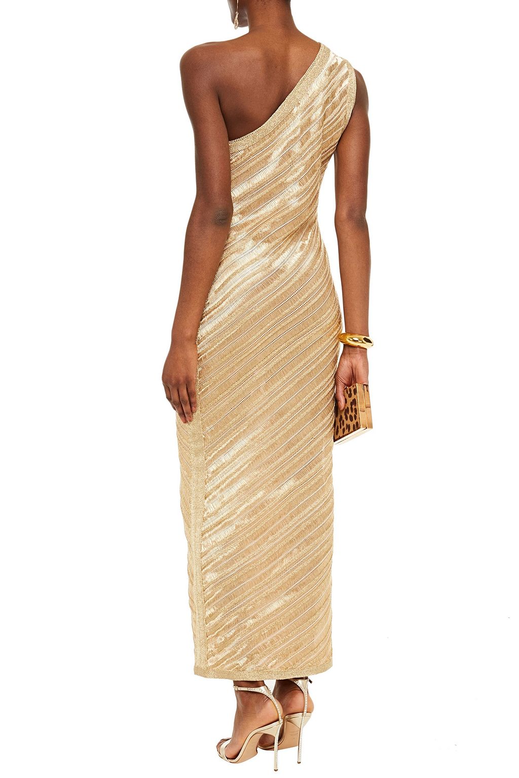 HERVÉ LÉGER One-shoulder metallic crochet-knit gown