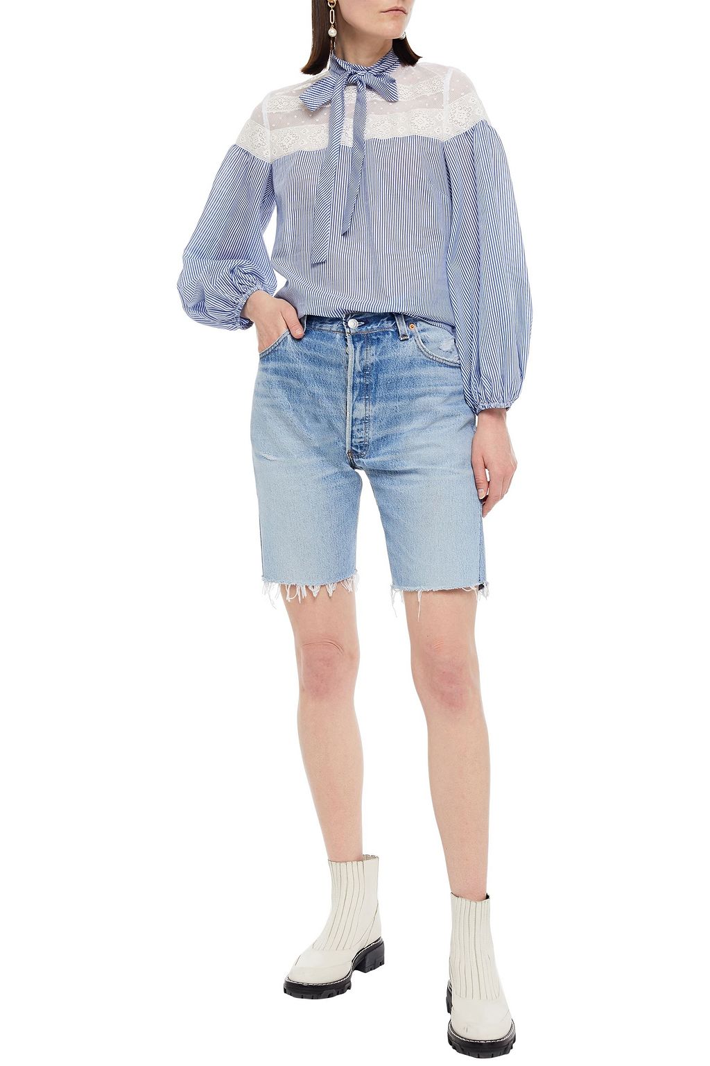 REDVALENTINO Pussy-bow striped cotton and silk-blend poplin blouse