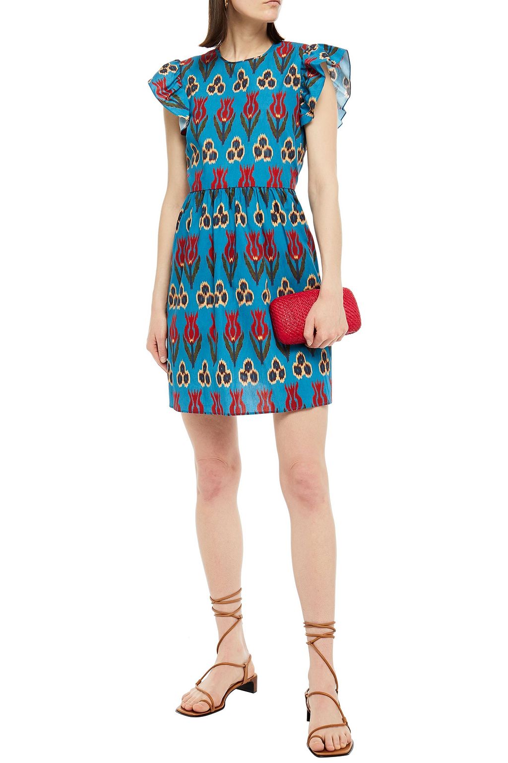 REDVALENTINO Open-back gathered printed cotton-poplin mini dress