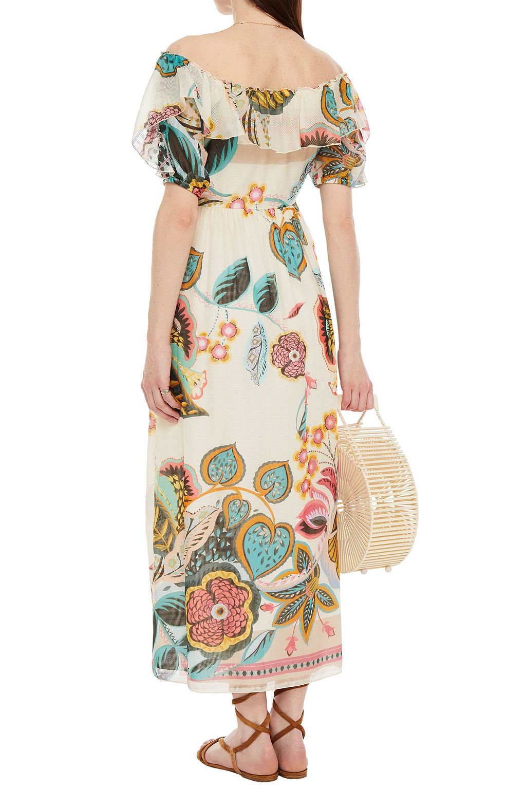 REDVALENTINO ラッフル付き プリントコットン&シルク混ジャカード ミディワンピース