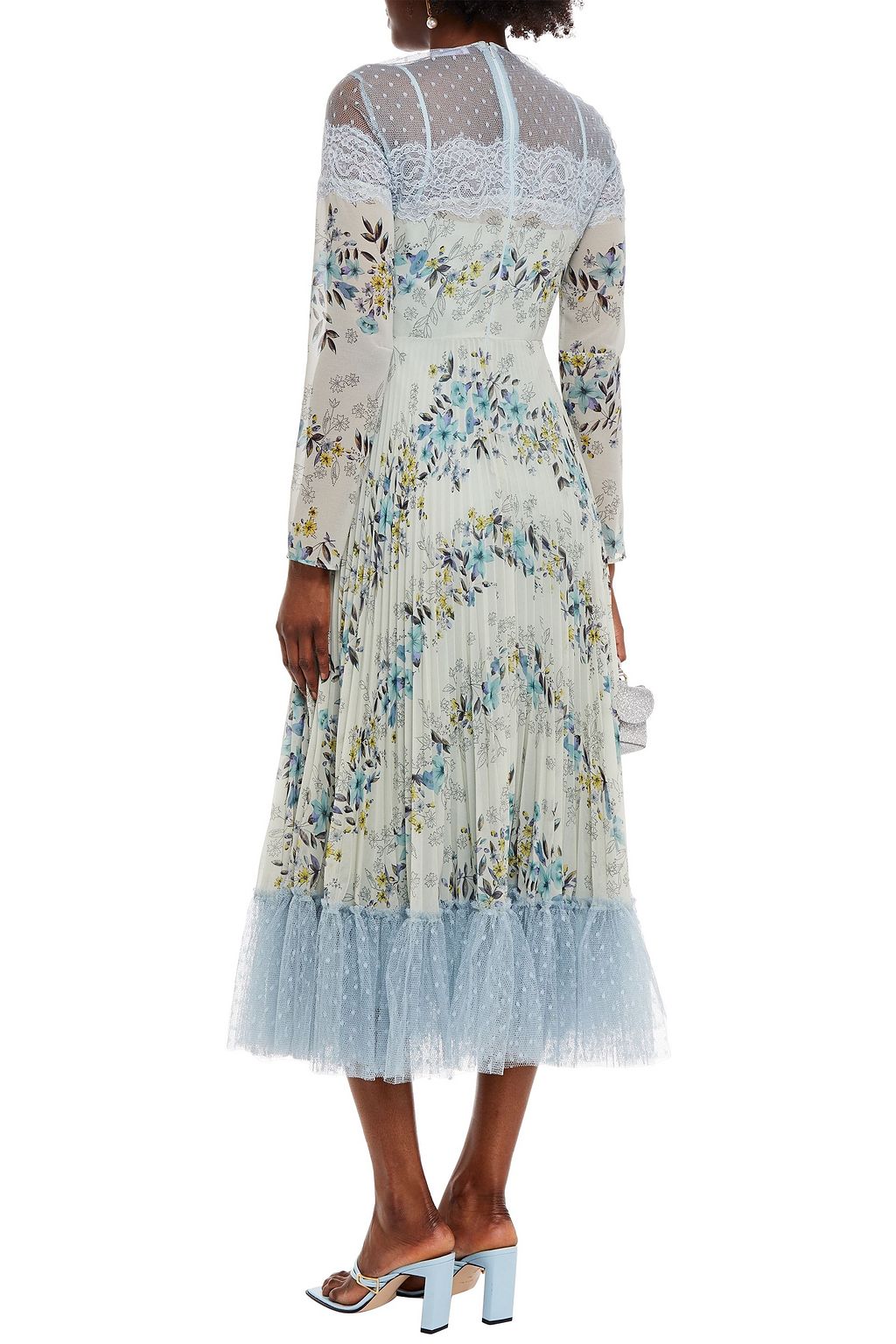 REDVALENTINO Pleated floral-print georgette, lace and point d'esprit midi dress