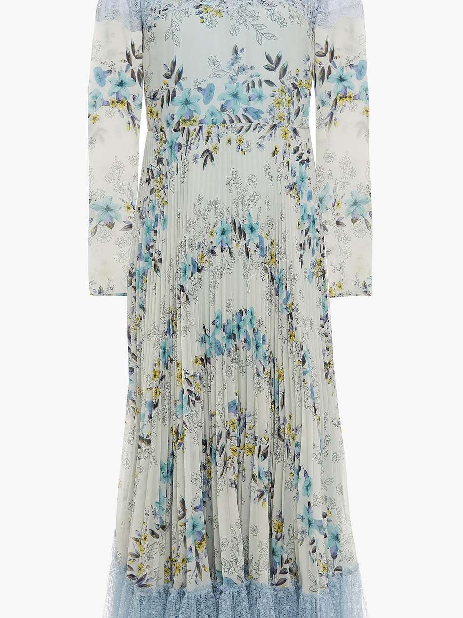 pleated floral-print georgette, lace and point d'esprit midi dress