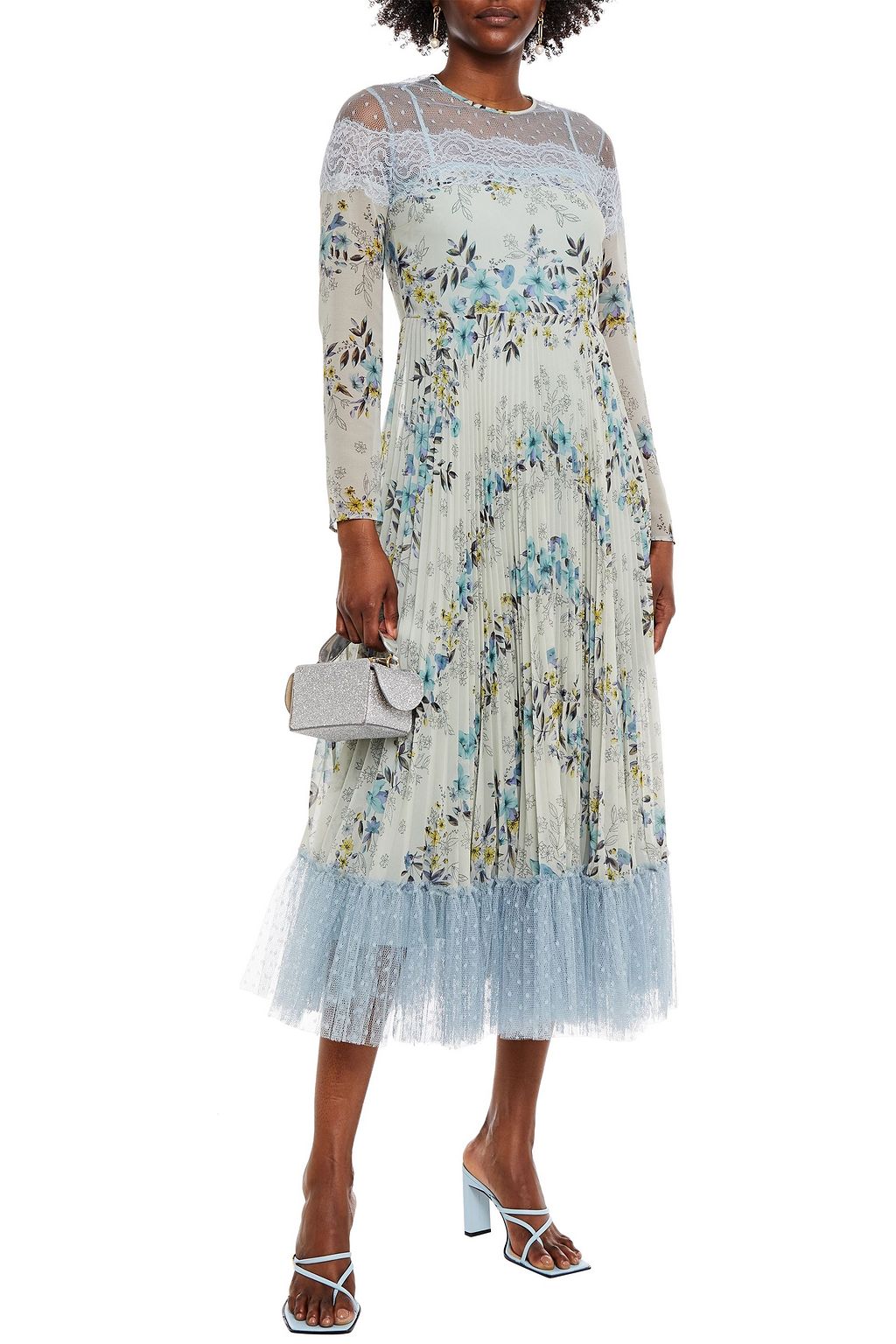 REDVALENTINO Pleated floral-print georgette, lace and point d'esprit midi dress
