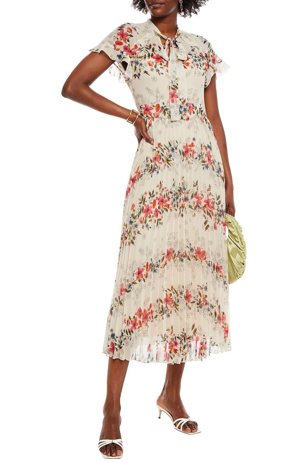 REDVALENTINO Pussy-bow pleated floral-print georgette midi dress