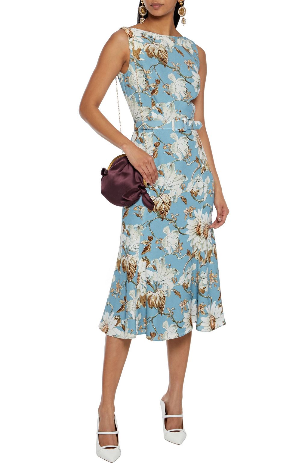 OSCAR DE LA RENTA Belted floral-print crepe midi dress
