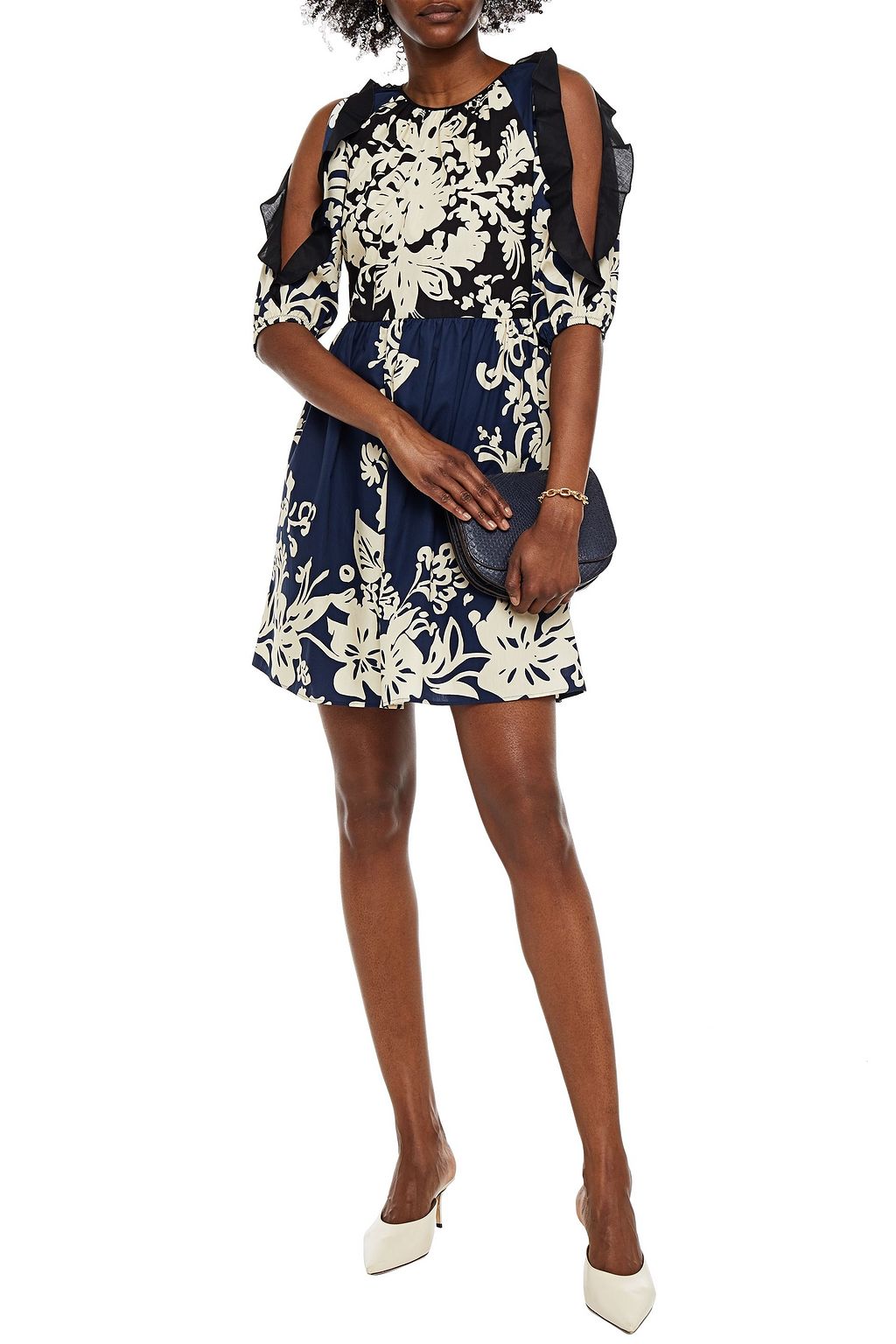 REDVALENTINO Cold-shoulder printed cotton-poplin mini dress