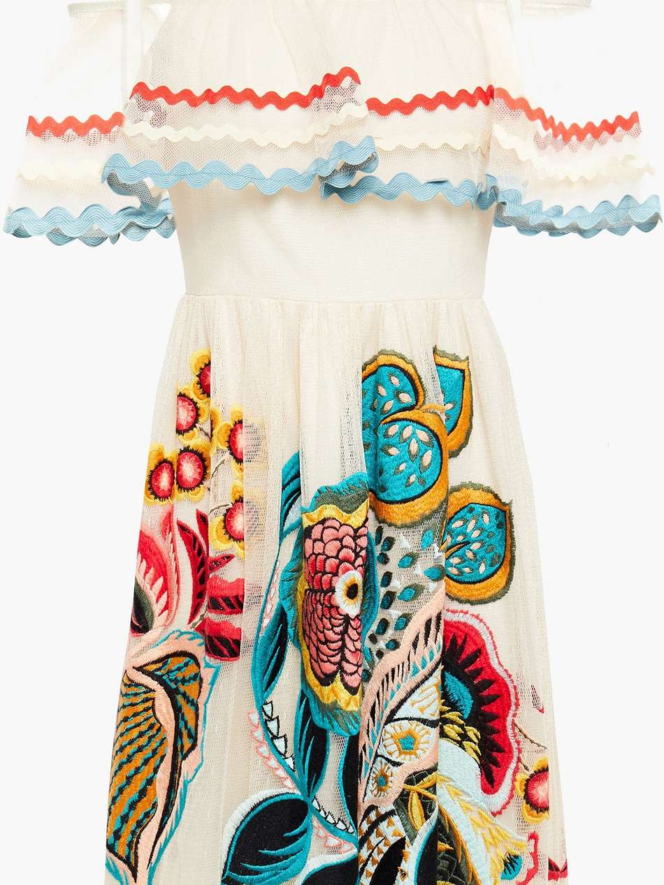 cold-shoulder embroidered stretch-tulle mini dress