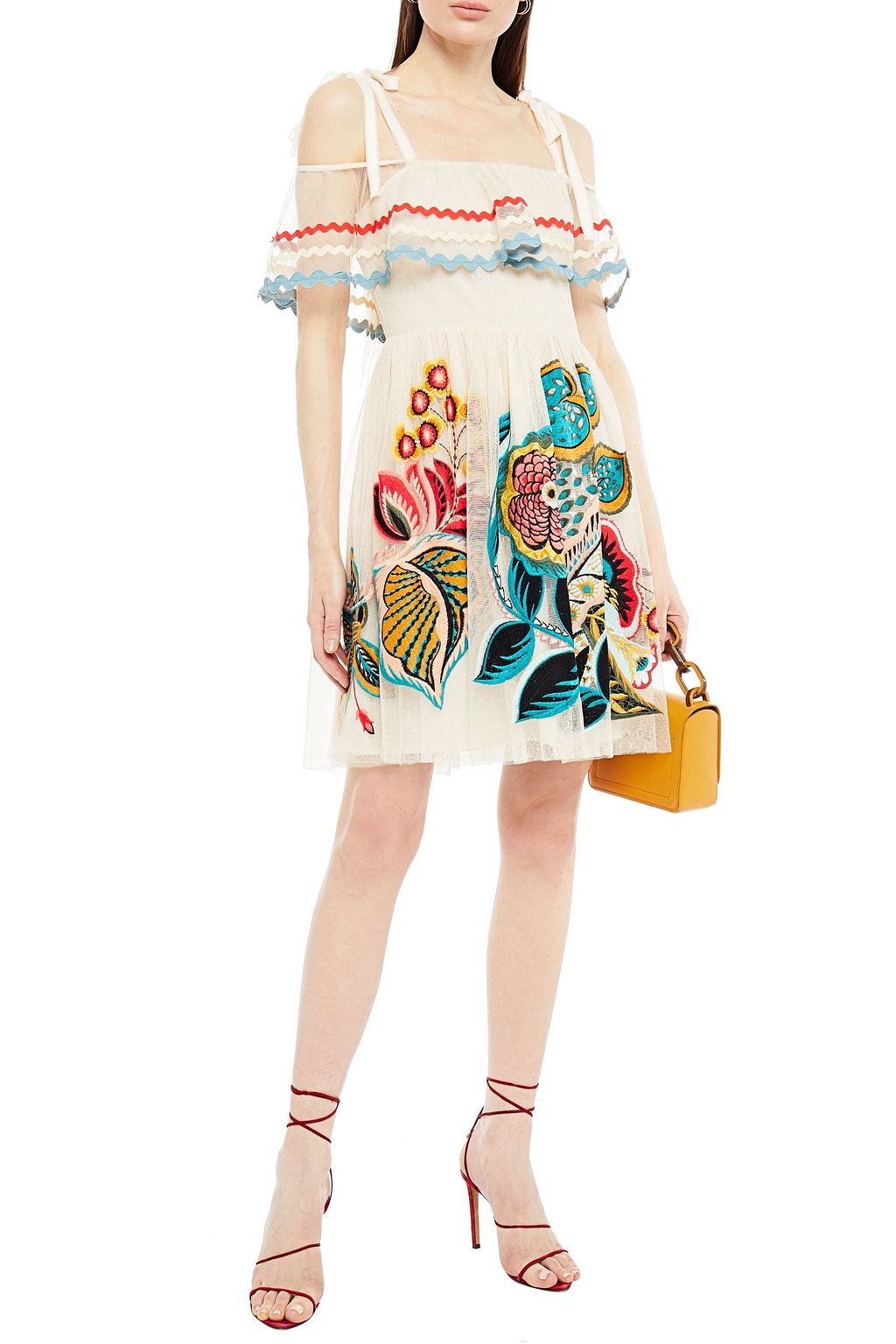 REDVALENTINO Cold-shoulder embroidered stretch-tulle mini dress