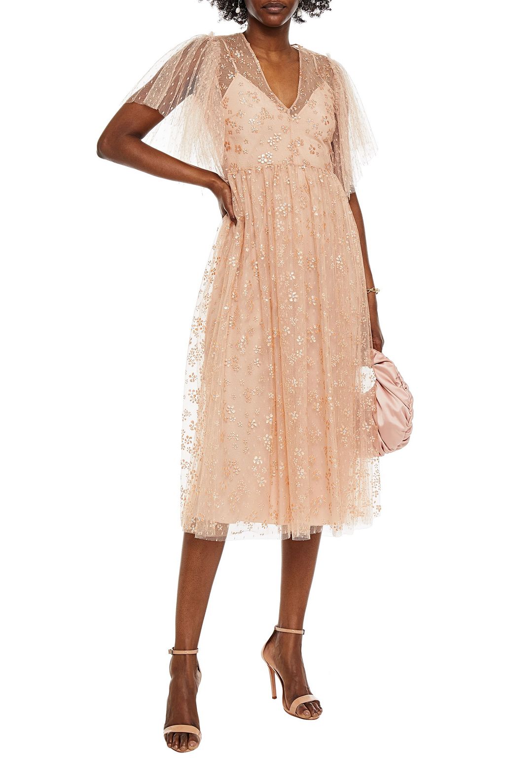 REDVALENTINO فستان من التول البراق مزين بطبعات على شكل زهور