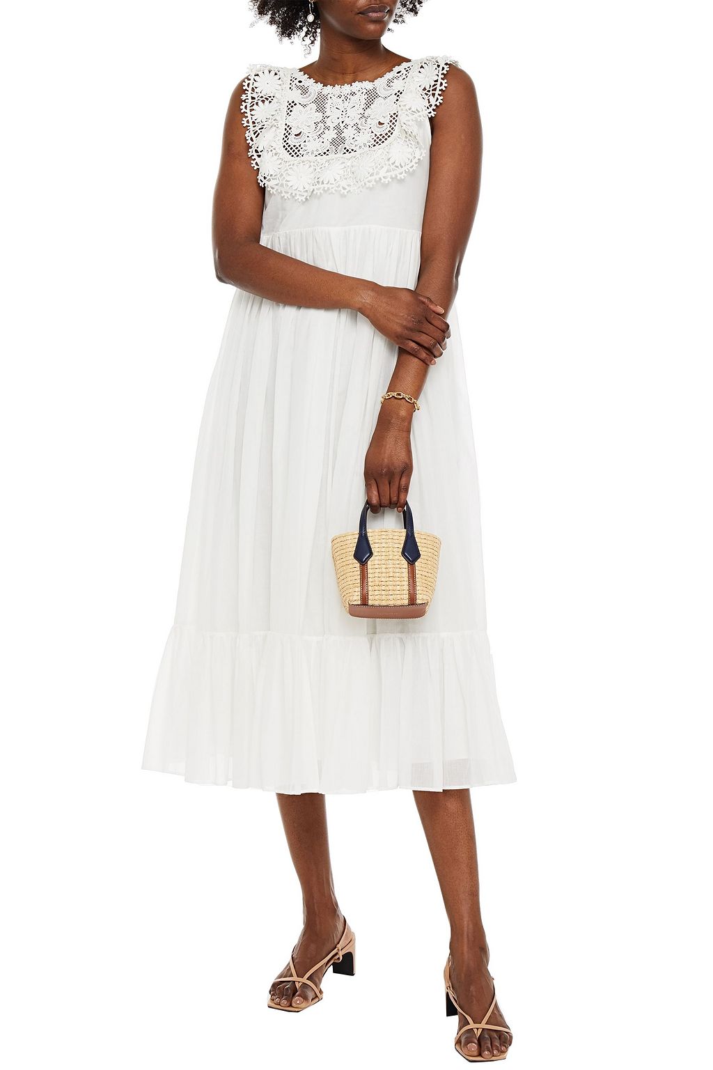 REDVALENTINO Guipure lace-paneled cotton-voile midi dress
