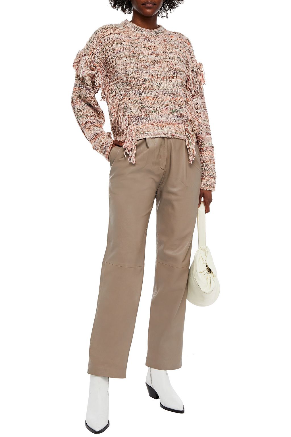 Baby pink Fringed marled cable-knit 